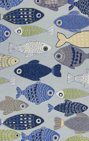 Homeroots 3' X 5' Light Blue And Dark Blue Fishes Hand Tufted Area Rug  Polyester 353937