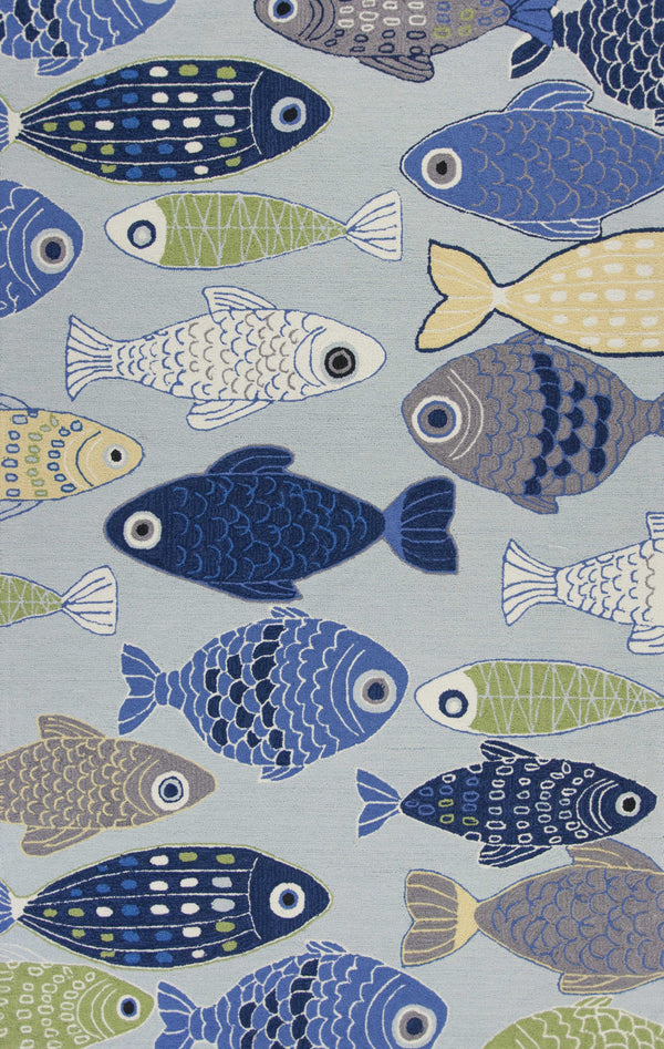 Homeroots 3' X 5' Light Blue And Dark Blue Fishes Hand Tufted Area Rug  Polyester 353937