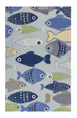 Homeroots 3' X 5' Light Blue And Dark Blue Fishes Hand Tufted Area Rug  Polyester 353937