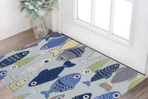 Homeroots 3' X 5' Light Blue And Dark Blue Fishes Hand Tufted Area Rug  Polyester 353937