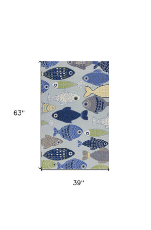 Homeroots 3' X 5' Light Blue And Dark Blue Fishes Hand Tufted Area Rug  Polyester 353937