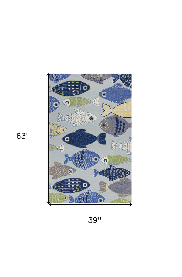 Homeroots 3' X 5' Light Blue And Dark Blue Fishes Hand Tufted Area Rug  Polyester 353937