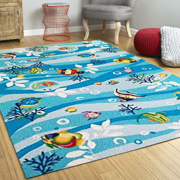 Homeroots 3' X 5' Blue Hand Hooked Marine Life Indoor Area Rug  Polyester 353938