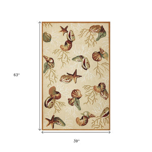 HomeRoots 3' Hand-Tufted Coastal Area Rug Featuring Beige, Green, and Brown Seashell Motif for Any Room 3' X 5' 353941