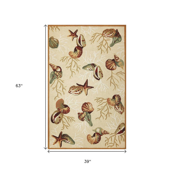 HomeRoots 3' Hand-Tufted Coastal Area Rug Featuring Beige, Green, and Brown Seashell Motif for Any Room 3' X 5' 353941