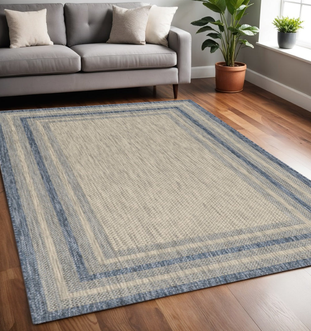 HomeRoots 5' Stylish Grey and Denim Bordered Area Rug - UV Treated, Durable, Low-Maintenance for Modern Homes 5" x 8" 353954
