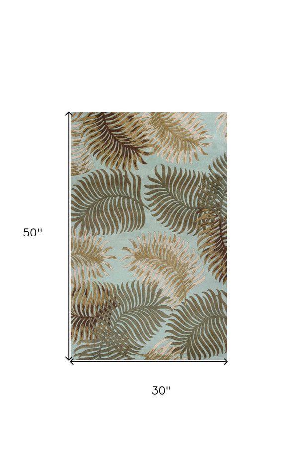 HomeRoots 5' Hand-Tufted Wool Botanical Leaves Area Rug in Aqua and Brown for Timeless, Cozy Elegance 3' X 4' 353964