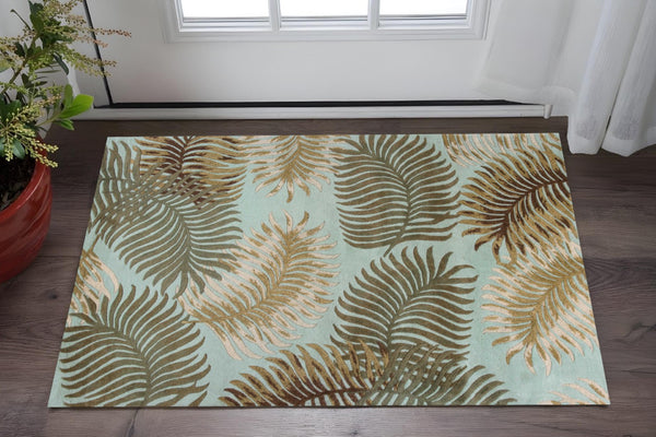 HomeRoots 5' Hand-Tufted Wool Botanical Leaves Area Rug in Aqua and Brown for Timeless, Cozy Elegance 3' X 4' 353964