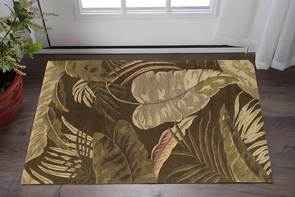 HomeRoots 5' Hand-Tufted Wool Area Rug with Brown and Beige Botanical Leaves – Artisanal Comfort for Every Room 3' X 4' 353966