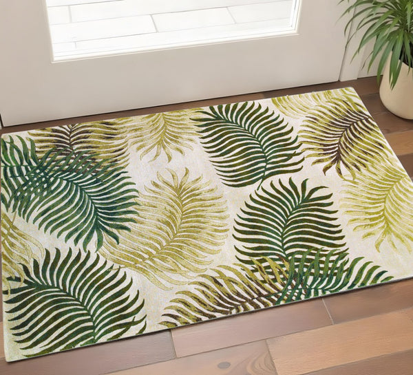 HomeRoots 5' Natural Green and Brown Wool Botanical Leaves Hand-Tufted Area Rug for Cozy Modern Spaces 2' X 4' 353969