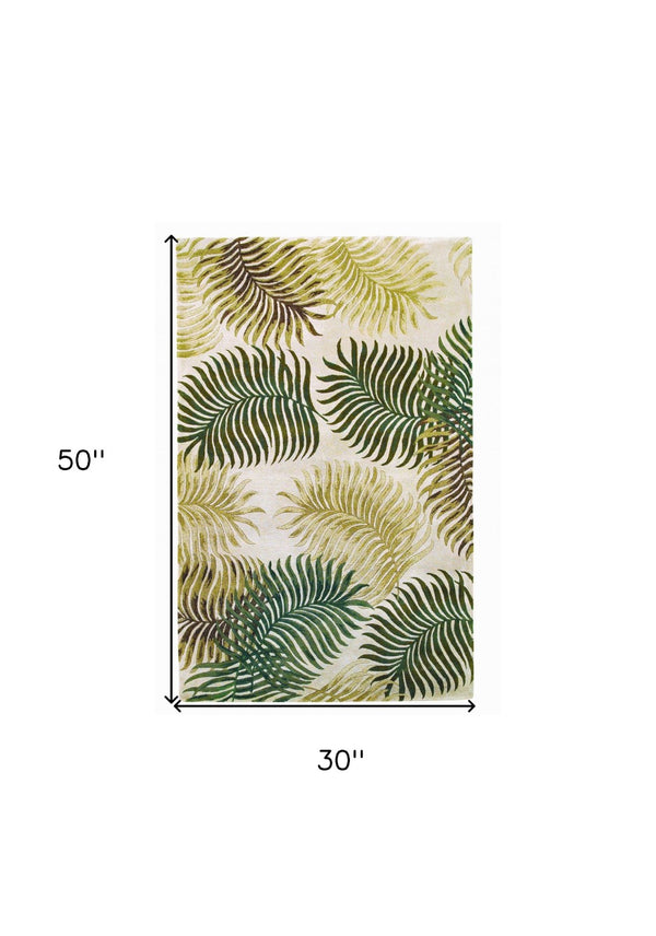 HomeRoots 5' Natural Green and Brown Wool Botanical Leaves Hand-Tufted Area Rug for Cozy Modern Spaces 2' X 4' 353969