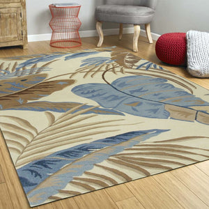 HomeRoots 5' Tropical Botanical Wool Area Rug in Ivory, Blue & Brown - Hand-Tufted Coastal Charm for Any Room 2' X 4' 353971