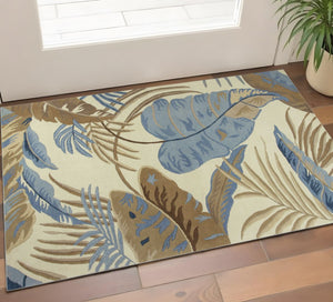 HomeRoots 5' Tropical Botanical Wool Area Rug in Ivory, Blue & Brown - Hand-Tufted Coastal Charm for Any Room 2' X 4' 353971