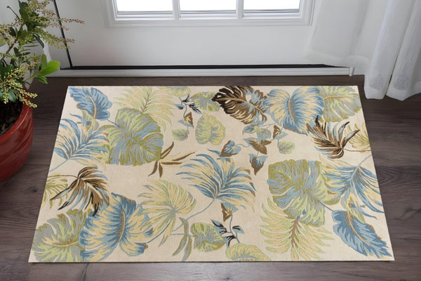HomeRoots 5' Luxurious Hand-Tufted Wool Area Rug with Botanical Blue Leaves - Organic Elegance for Any Room 3' X 4' 353972