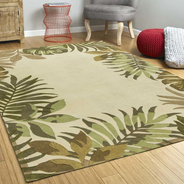 HomeRoots 5' Hand-Tufted Wool Area Rug with Elegant Ivory and Green Botanical Design for Cozy Interiors 2' X 4' 353974