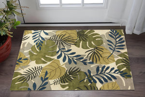 HomeRoots 5' Luxurious Wool Botanical Leaves Area Rug - Hand-Tufted Ivory, Green & Blue for Cozy Spaces 3' X 4' 353975