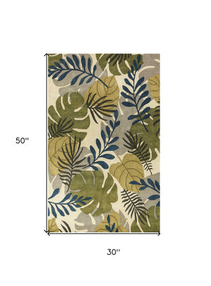 HomeRoots 5' Luxurious Wool Botanical Leaves Area Rug - Hand-Tufted Ivory, Green & Blue for Cozy Spaces 3' X 4' 353975