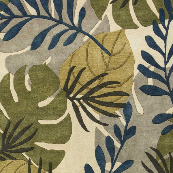 HomeRoots 5' Luxurious Wool Botanical Leaves Area Rug - Hand-Tufted Ivory, Green & Blue for Cozy Spaces 3' X 4' 353975