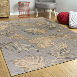 HomeRoots 5' Elegant Gray and Taupe Hand-Tufted Wool Area Rug with Botanical Leaves for Cozy Living Spaces 3' X 4' 353976