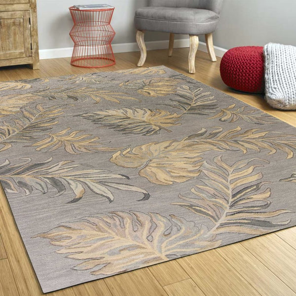 HomeRoots 5' Elegant Gray and Taupe Hand-Tufted Wool Area Rug with Botanical Leaves for Cozy Living Spaces 3' X 4' 353976