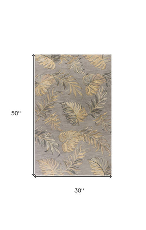HomeRoots 5' Elegant Gray and Taupe Hand-Tufted Wool Area Rug with Botanical Leaves for Cozy Living Spaces 3' X 4' 353976