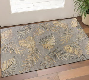 HomeRoots 5' Elegant Gray and Taupe Hand-Tufted Wool Area Rug with Botanical Leaves for Cozy Living Spaces 3' X 4' 353976