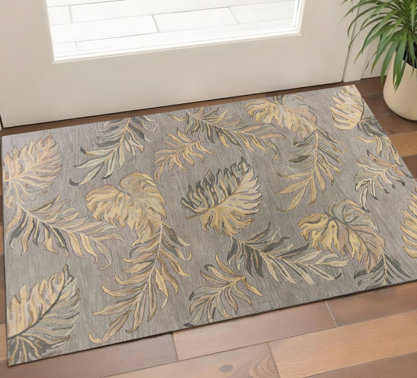 HomeRoots 5' Elegant Gray and Taupe Hand-Tufted Wool Area Rug with Botanical Leaves for Cozy Living Spaces 3' X 4' 353976