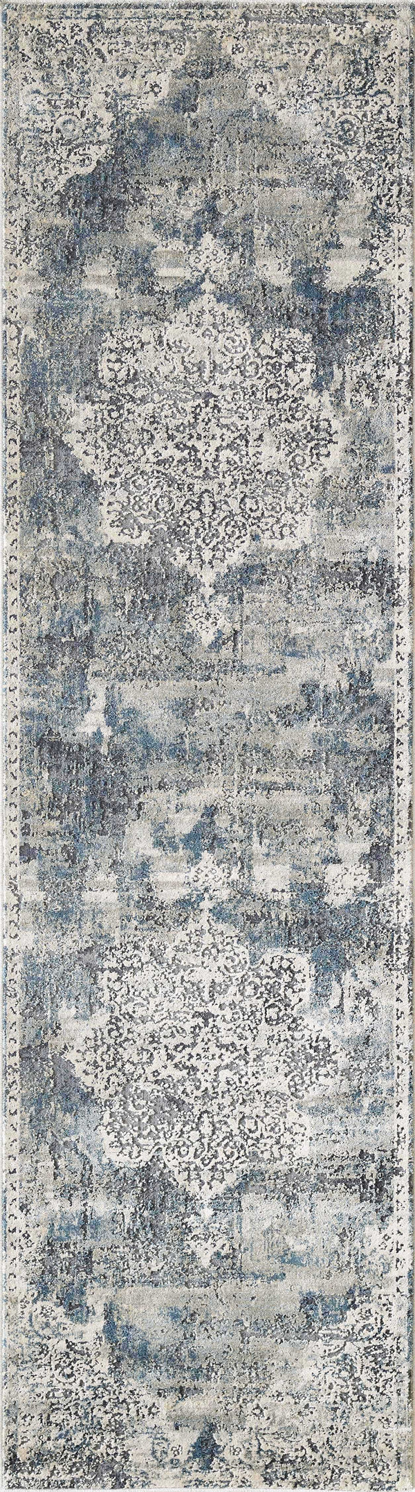 Homeroots 8' Ivory Machine Woven Distressed Diamond Floral Medallion Indoor Runner Rug  Polyester 353991