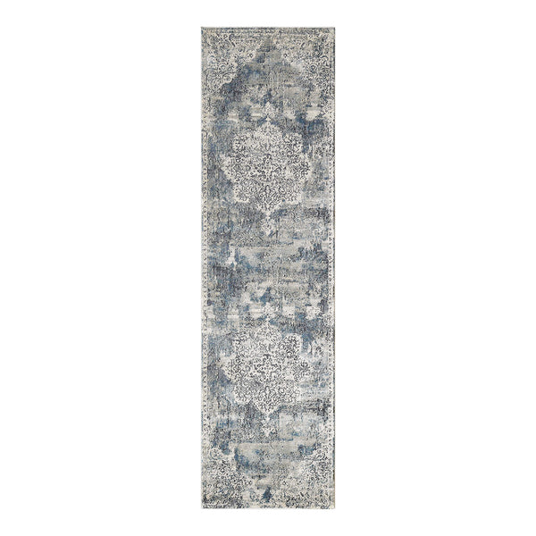 Homeroots 8' Ivory Machine Woven Distressed Diamond Floral Medallion Indoor Runner Rug  Polyester 353991