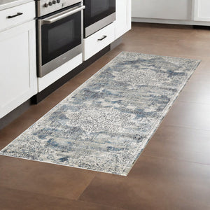 Homeroots 8' Ivory Machine Woven Distressed Diamond Floral Medallion Indoor Runner Rug  Polyester 353991