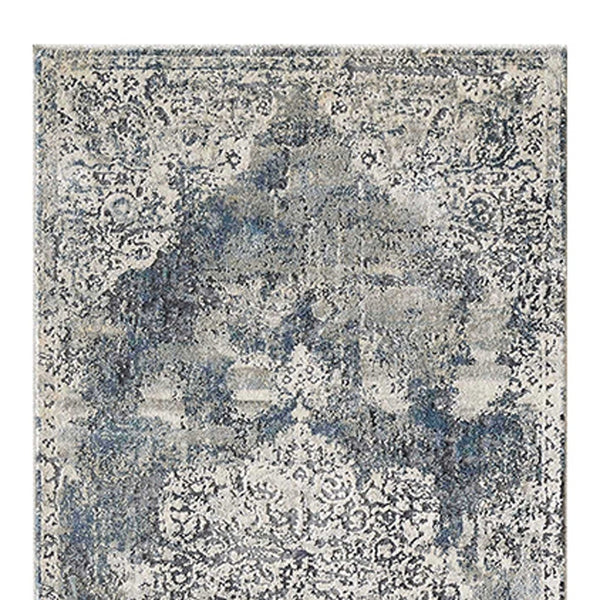 Homeroots 8' Ivory Machine Woven Distressed Diamond Floral Medallion Indoor Runner Rug  Polyester 353991