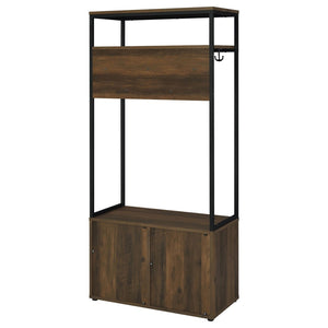 English Elm Flora Transitional Hall Tree with Seven Hooks Cabinet Shelves and Dark Pine Metal Frame B062P452017