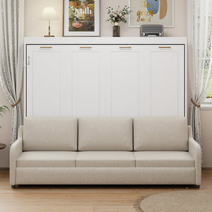 English Elm Queen Murphy Cabinet Bed with Sofa Foldaway, Built-In Shelves, LED Lighting, Space-Saving Beige N7090000603A