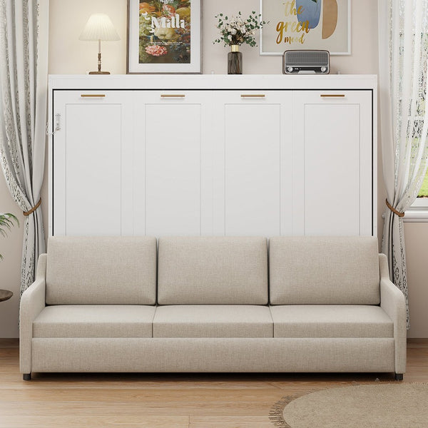 English Elm Queen Murphy Cabinet Bed with Linen Sofa Built-in Shelves and Integrated Led Light N7090000603A-1