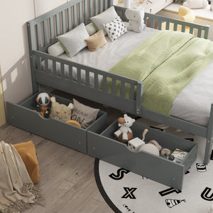 English Elm Twin Pinewood Platform Bed with Headboard, Guardrails & Two Underbed Drawers for Storage Gray 70.6 L x 17.1 W x 5.9 H N733P172696E