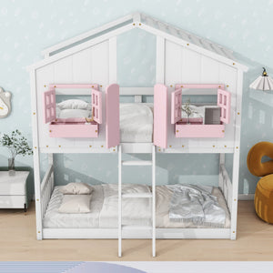 English Elm Twin House Bunk Bed with Roof, Window Box, Door, Guardrails & Ladder—Sturdy Pine Playful Design for Kids Pink+White W504S00151