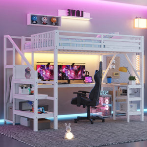 English Elm Metal Full Loft Bed with L Shaped Desk Wardrobe Rgb Lighting and Usb Charging White W2593S00054