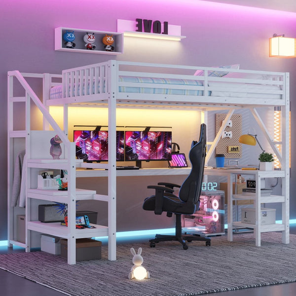 English Elm Metal Full Loft Bed with L Shaped Desk Wardrobe Rgb Lighting and Usb Charging White W2593S00054