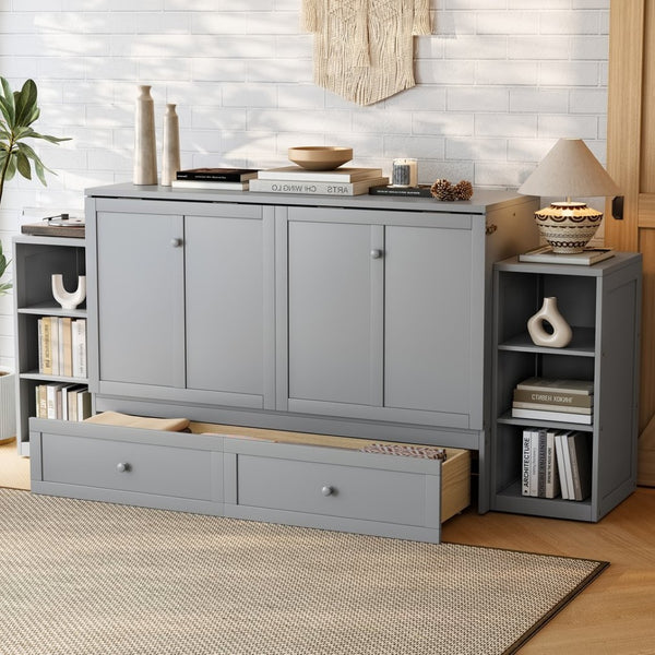 English Elm Queen Murphy Bed With Stylish Storage Drawers & Shelves - Perfect For Compact Spaces & Guest Rooms! W1580S00256-GIGA
