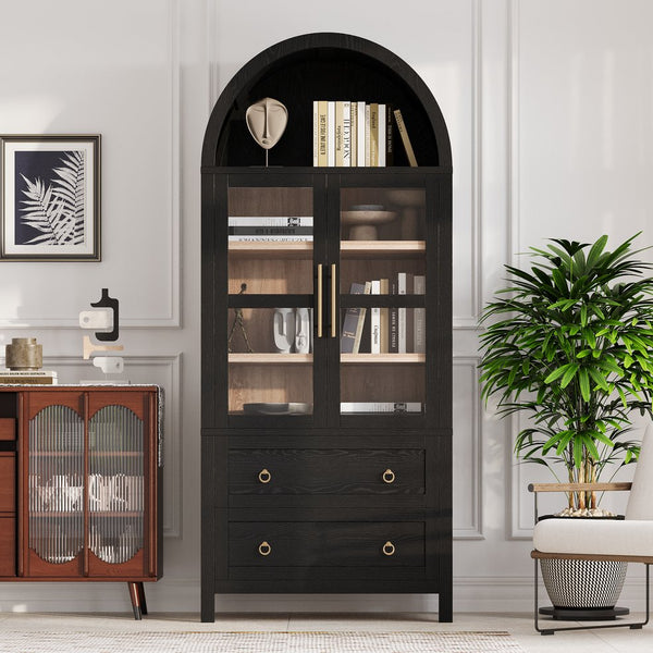 English Elm K&K 71" Arched Kitchen Pantry Cabinet with Glass Doors, Adjustable Shelves, Soft-Close Drawers Black N707P288972B