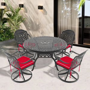 English Elm 5-Piece All-Weather Cast Aluminum Dining Set With 4 Swivel Chairs & 48" Round Table For Outdoor Enjoyment W1710S00440