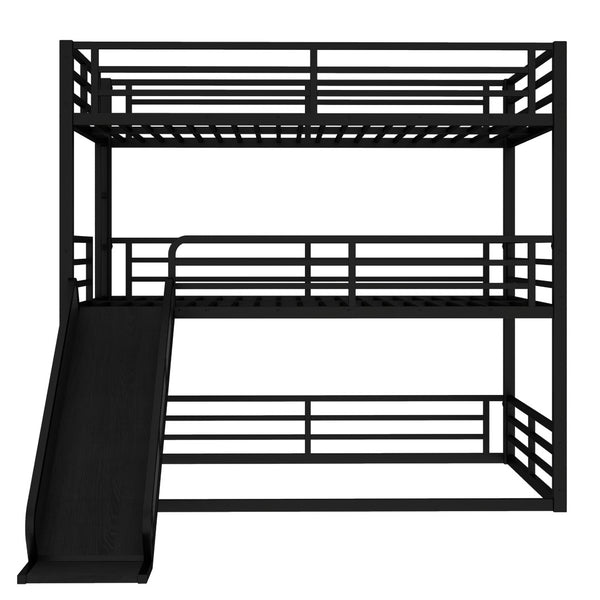 English Elm Queen Metal Triple Bunk Bed With Slide - Space-Saving, Heavy-Duty Design, Safety Guardrails In Black W1580S00172-GIGA