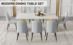 English Elm Table With Elegant Glass Top & 8 Comfortable Pu Chairs - Modern Marble Pattern & Gold Legs Set W1151S04354-GIGA