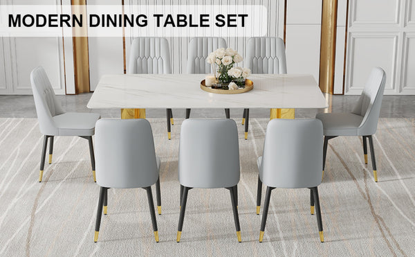 English Elm Table With Elegant Glass Top & 8 Comfortable Pu Chairs - Modern Marble Pattern & Gold Legs Set W1151S04354-GIGA