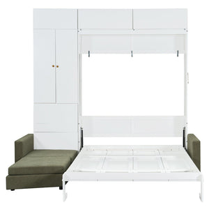 English Elm Queen Murphy Bed with L-shaped Velvet Sofa Storage Cabinets for Studio Living White LP000765AAG-1