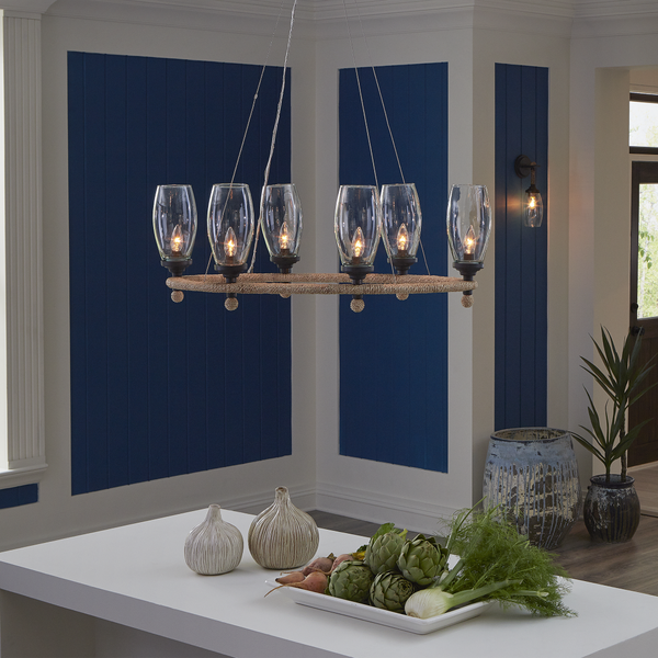 Hightider Glass Oval Chandelier - Eco-Friendly Recycled Glass, Wrought Iron & Abaca Rope Pendant Light