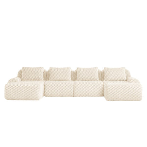 English Elm 146" U-shaped Modular Sectional Flannelette Sofa with Ottoman for Spacious Living Rooms Cream W714S01523