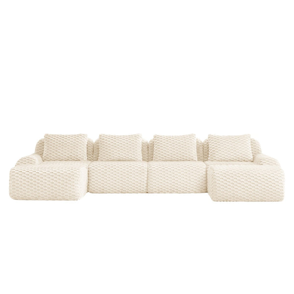 English Elm 146" U-shaped Modular Sectional Flannelette Sofa with Ottoman for Spacious Living Rooms Cream W714S01523