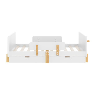 English Elm Twin Low Profile Kids Floor Bed Pine Wood Frame with Safety Rail and Built in Bookshelf Light White W1580P373244