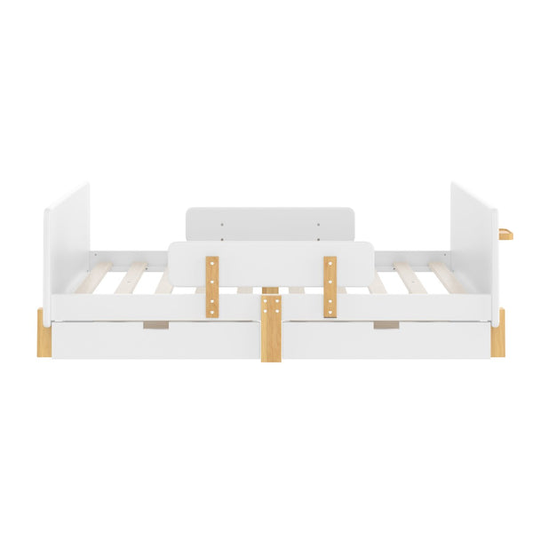 English Elm Twin Low Profile Kids Floor Bed Pine Wood Frame with Safety Rail and Built in Bookshelf Light White W1580P373244